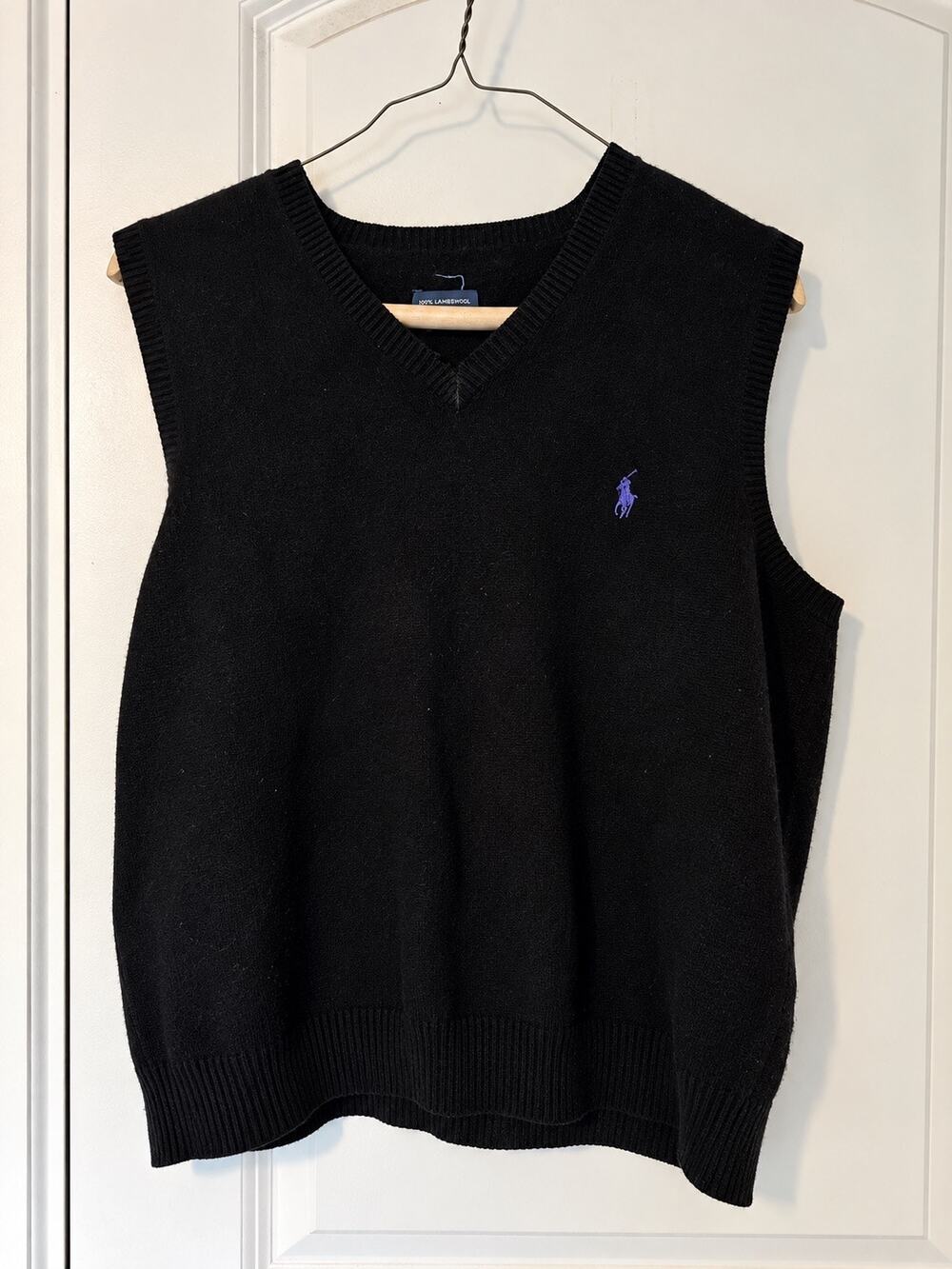 Vintage Polo Ralph Lauren Black 100% Lambswool V Neck Sweater Vest Purple Pony